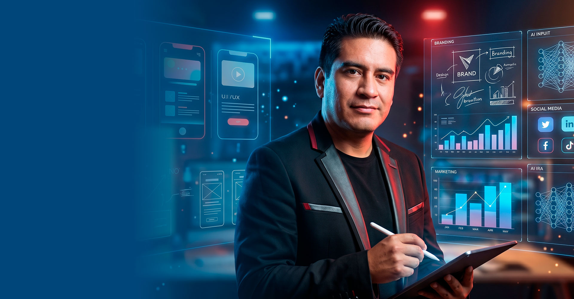 Edison Rodríguez Tapia in front of digital design, branding, marketing, and AI interface displays