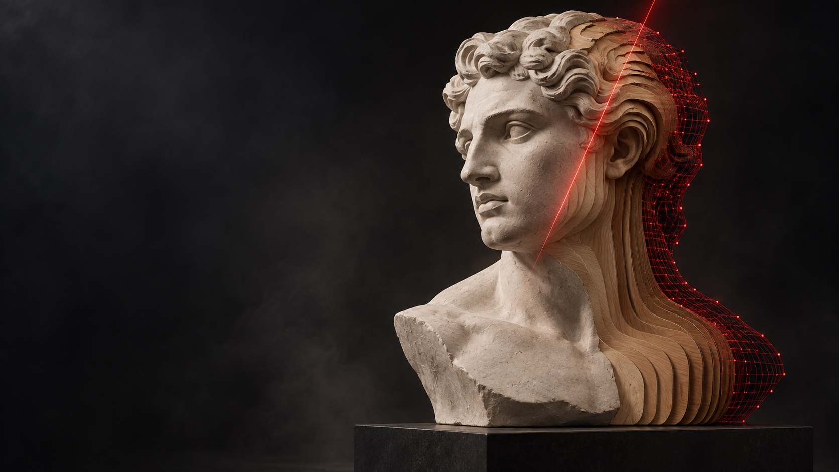 Sculpture meets digital fabrication: a stone bust becomes layered wood and a red scanning mesh