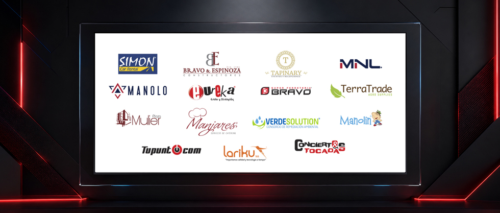 Selection of corporate identity marks displayed in an illuminated brand showcase